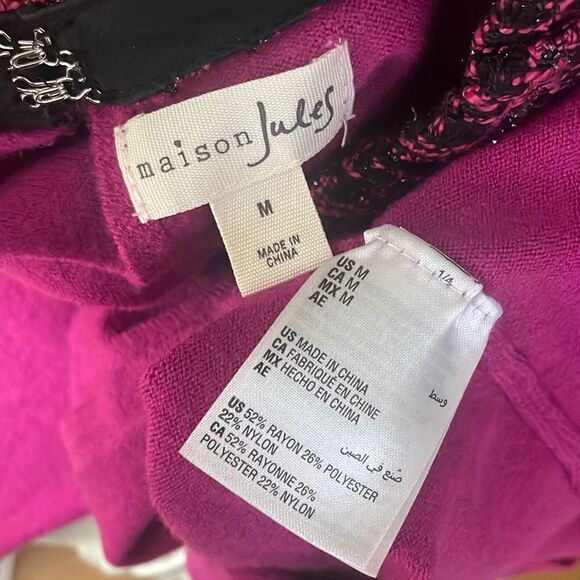 Maison Jules Fuschia Pink Stretch Fitted Sweater w Tweed Sparkly Collar sz M - Picture 9 of 11